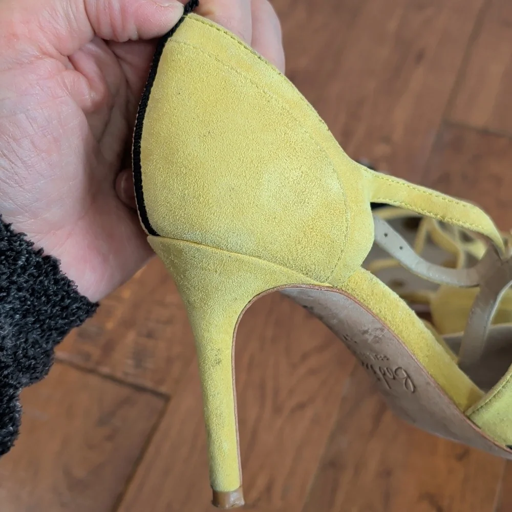 Boden Trisha Yellow and Black Polka Dot Cowhide Pointy Toe Strappy Heels - Picture 5 of 16